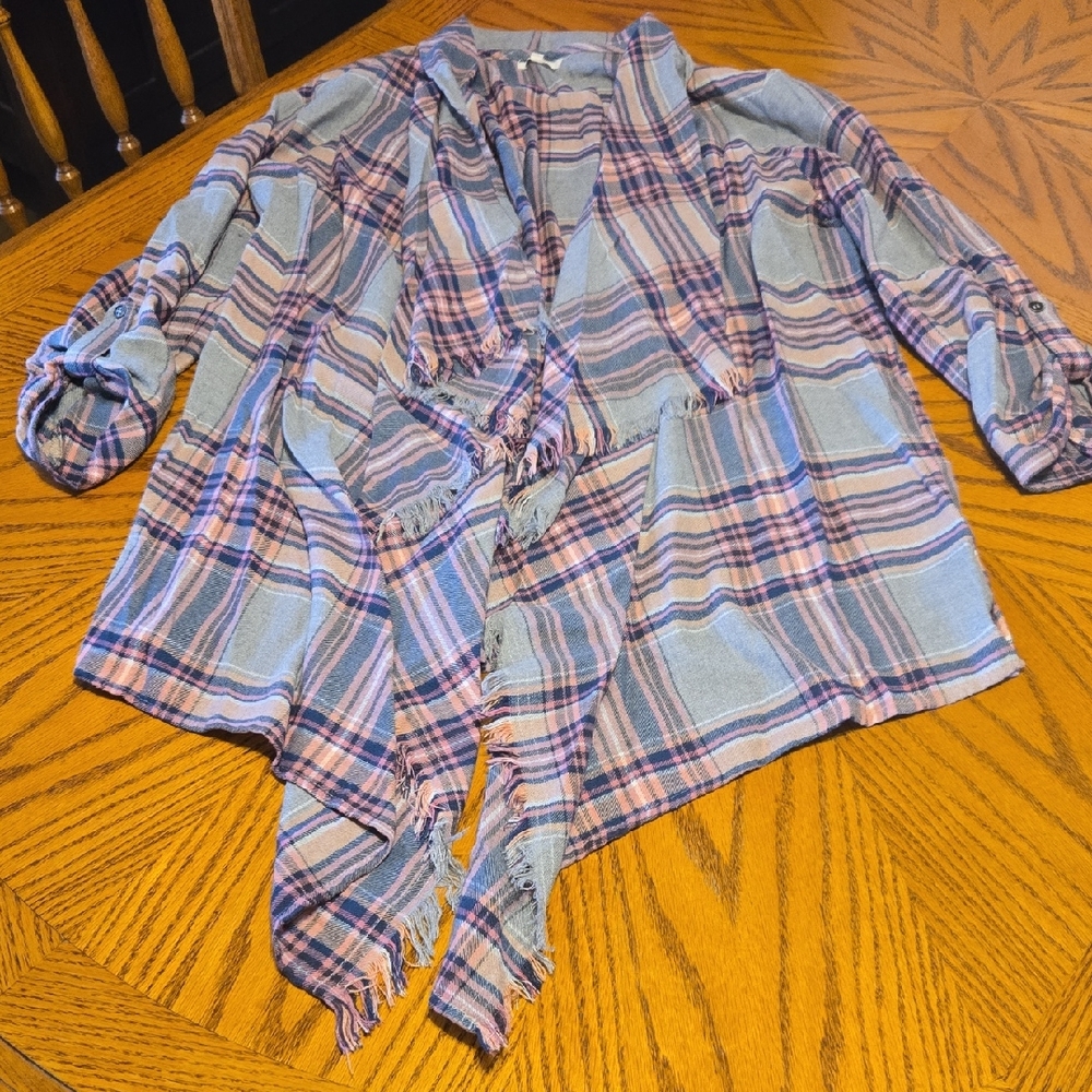 Maurices Plaid Fringe Cardigan - Blue and Pink